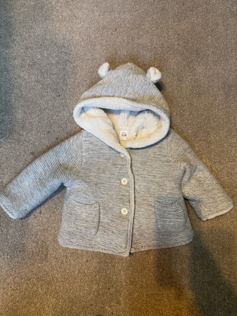 GAP Baby Grey Sherpa Lined Button Up !Bear Ear Hooded Sweater Size 6-12 M